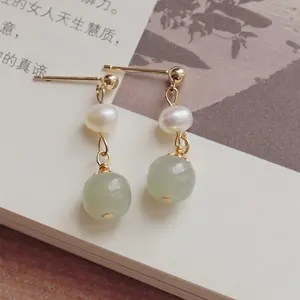 Natural Hetian Jade Earrings with Freshwater Pearls