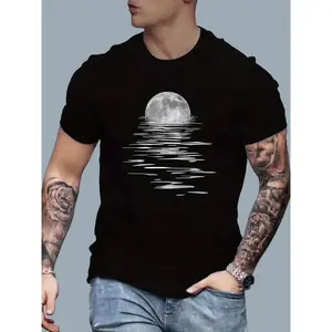 Men's Stylish Moon Creative Print T-Shirt, Crew Neck Short Sleeve, Casual Tee, Trendy Streetwear Fashion