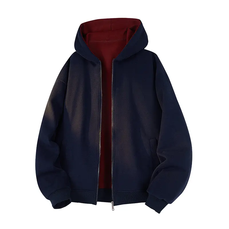 Couple Style Contrast Color Fleece Hooded Zipper Jacket Casual Versatile Coat for Men and Women Clothes Womenswear fall outfits Long Sleeve Navy Blue