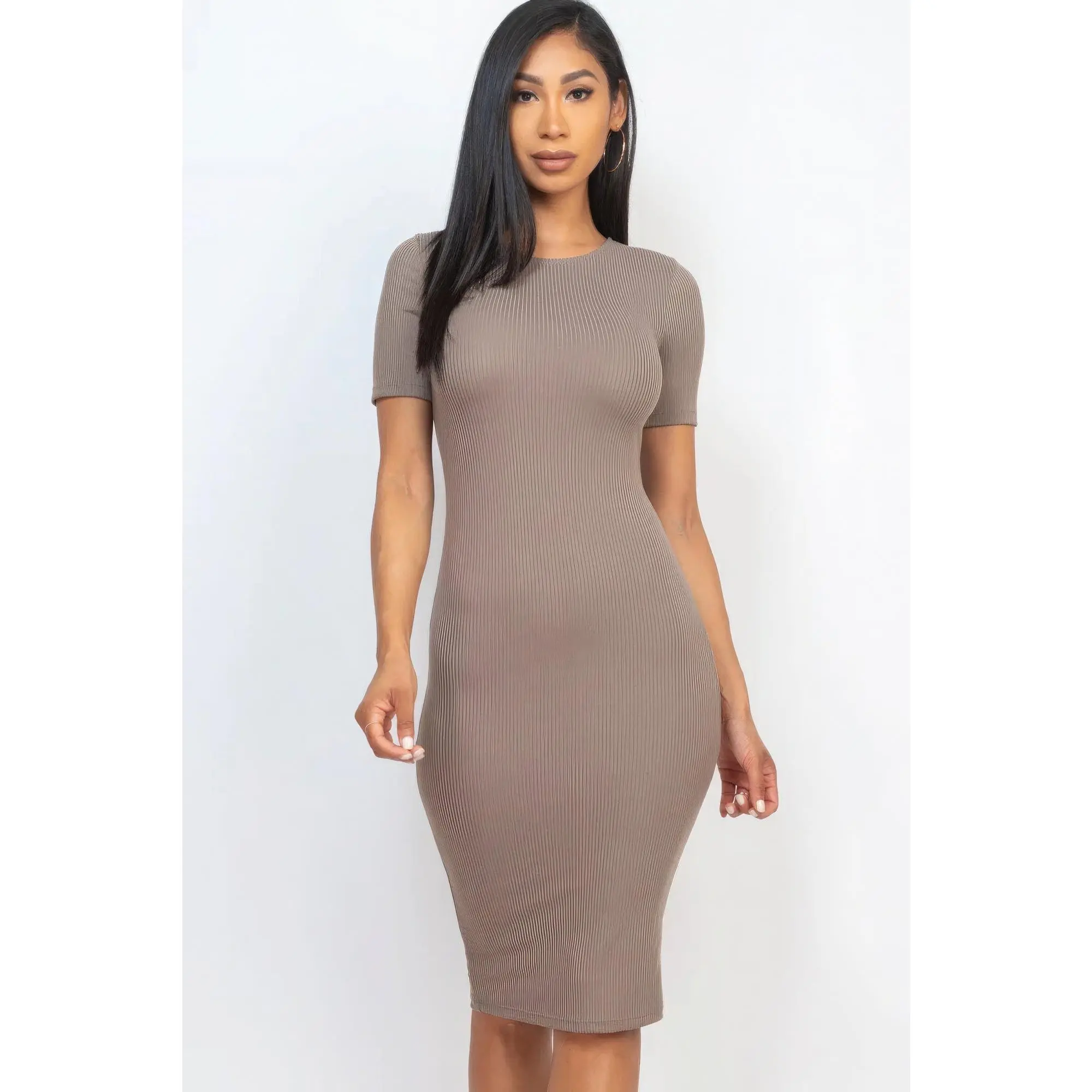 knee length dresses for ladies Rent Topshop Rib Bleach Wash Scoop Neck Jersey Midi Dress In Grey And Pink main image 1