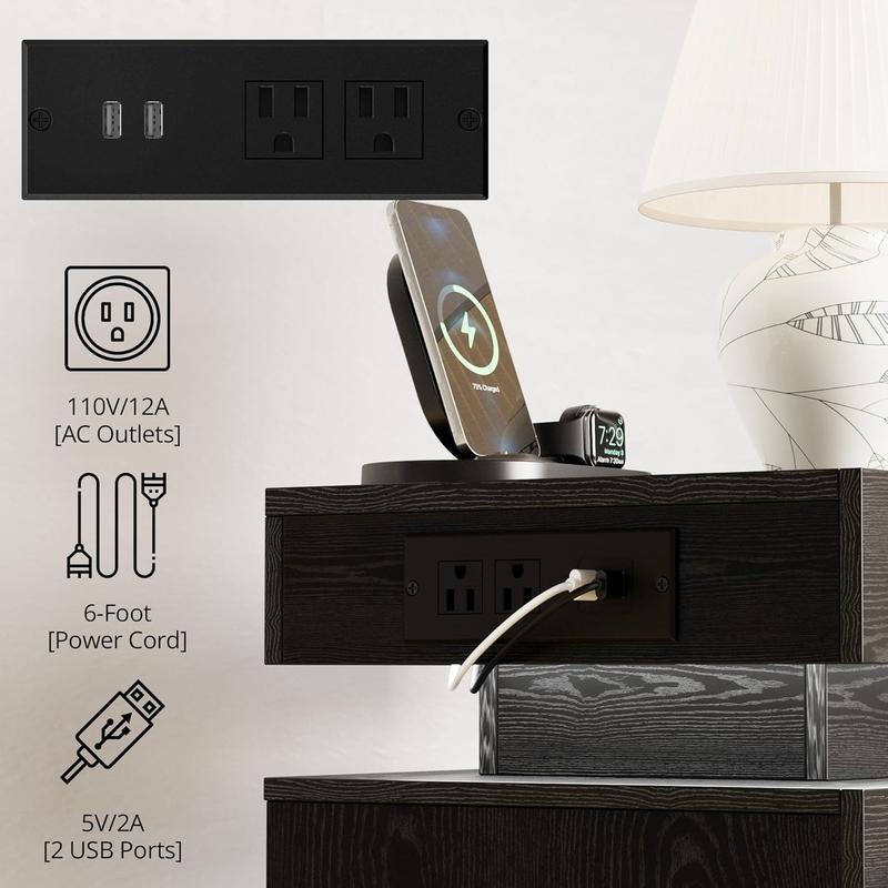 LIKIMIO Night Stand with Charging Station, Modern Nightstand with LED Light and 2 Drawers, Bedside Tables/End Table for Bedroom