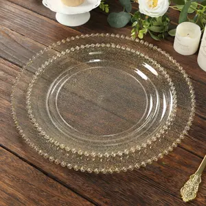 10-Pack Plastic Round Dinner Plates 10" Clear Gold Glittered with Beaded Rim - Disposable Party Plates