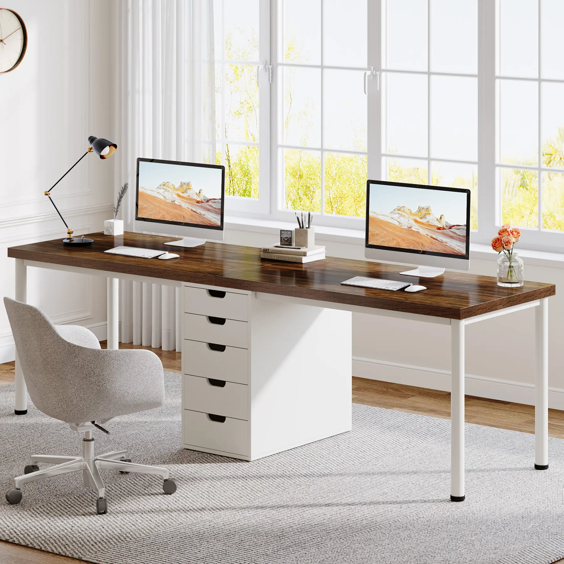 LITTLE TREE Two Person Computer Desk with 5 Drawers, 78.7 Inches Extra Long Double Office Desk, Modern Simple Double Computer Desk Study Writing Table Workstation for Home Office