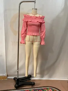 YYTK2025DEC053  Elegant Peach/Pink Off Shoulder Shirred Top with Ruffles & Puff Sleeves，French Sweet Ruffle One Shoulder Blouse, Wooden Trim Bubble Sleeve Top, Unique Design, Casual Fashion, Women's Clothing