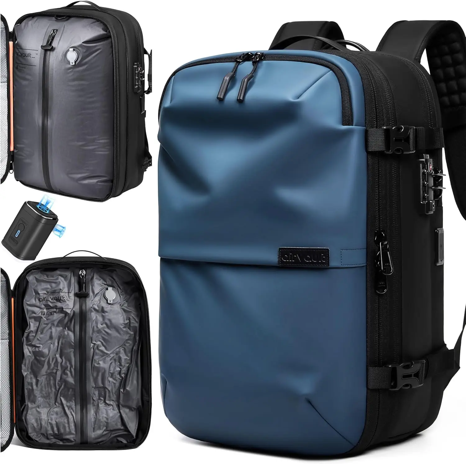 Vacuum Seal Travel Backpack 60L - Expandable Air Compression Vacuum System, Airback, Vacpack, Water-Resistant, Carry-On with TSA Lock Fits 19" Laptop, Backvac (Blue)