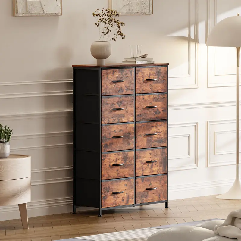 SweetFurniture Floor-Standing 10-Drawers Fabric Dresser Organizer - Wood Top, Adjustable Legs, Durable, Assembly Required, Dresser for Bedroom, Modern Indoor Storage Cabinet