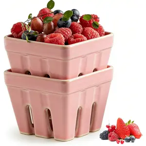 Pink Ceramic Berry Basket Set of 2, Square Fruit Bowl with Holes, Small Fruit Basket Containers for Kitchen Counter, Berries, Strawberry, Grape, Cherry