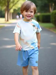 Boys' Toddler Coconut Tree Print Tie-Dye Loose Round Neck Short Sleeve T-Shirt Set with Tag Shorts, Perfect for Vacation, Beach, Casual Wear, Party, Outdoor Outfit