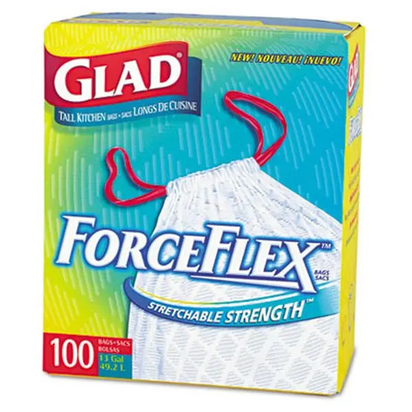 Clorox 70427 ForceFlex Drawstring Tall Kitchen Trash Bags - 13 gal, 0.95mil, 24in W x 28in H, White, Deep Embossed 3-Ply Can Liner, Elasticity-Boosting, 100 Bags/CTN, Three-Ply