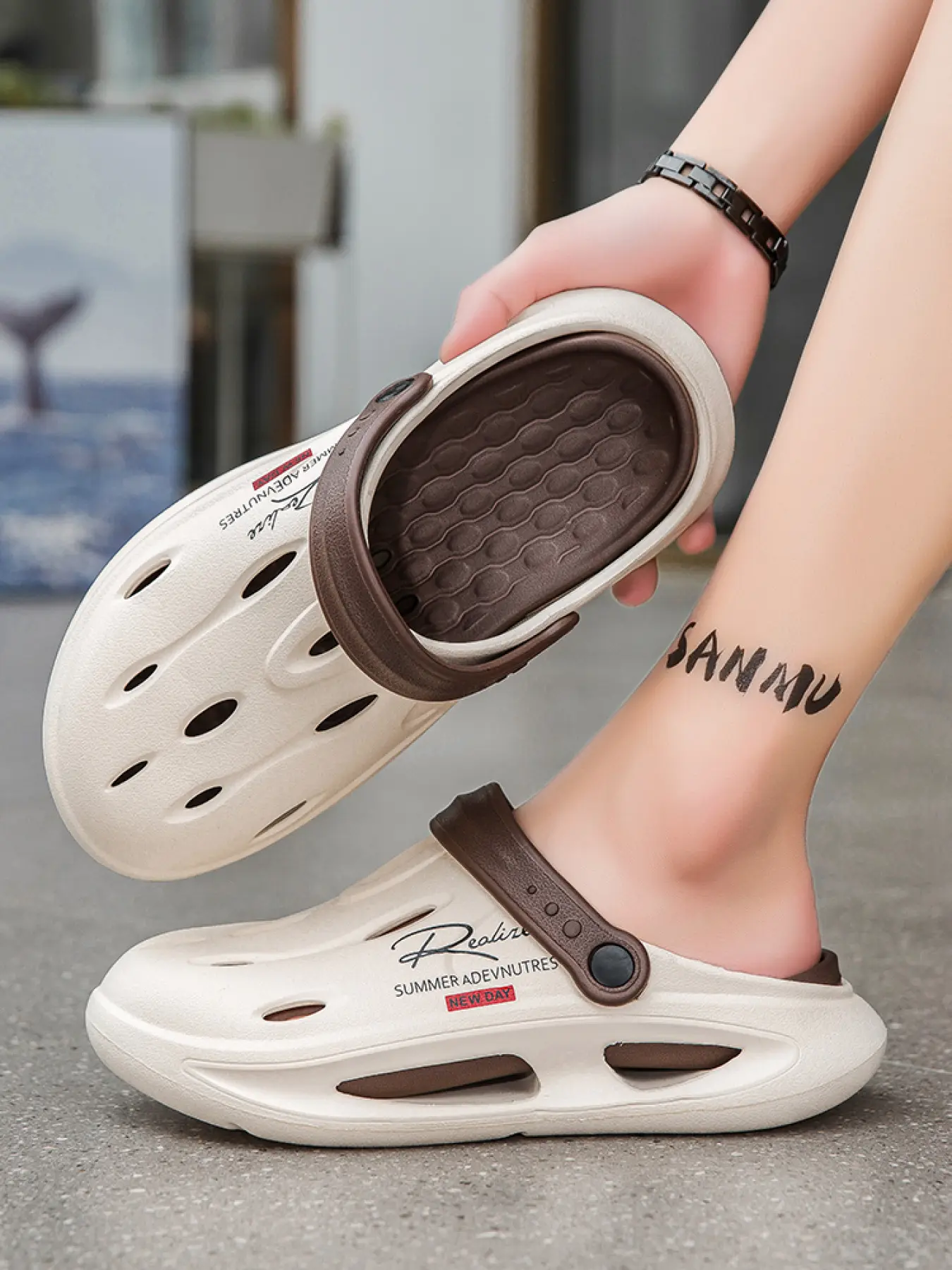Men's Bold Black & Orange Sporty Clogs, Teardrop-Shaped Hollow-Out, Fixed Heel Strap, Honeycomb Massage Insole, Lightweight Waterproof EVA, Casual Slippers for Daily & Outdoor