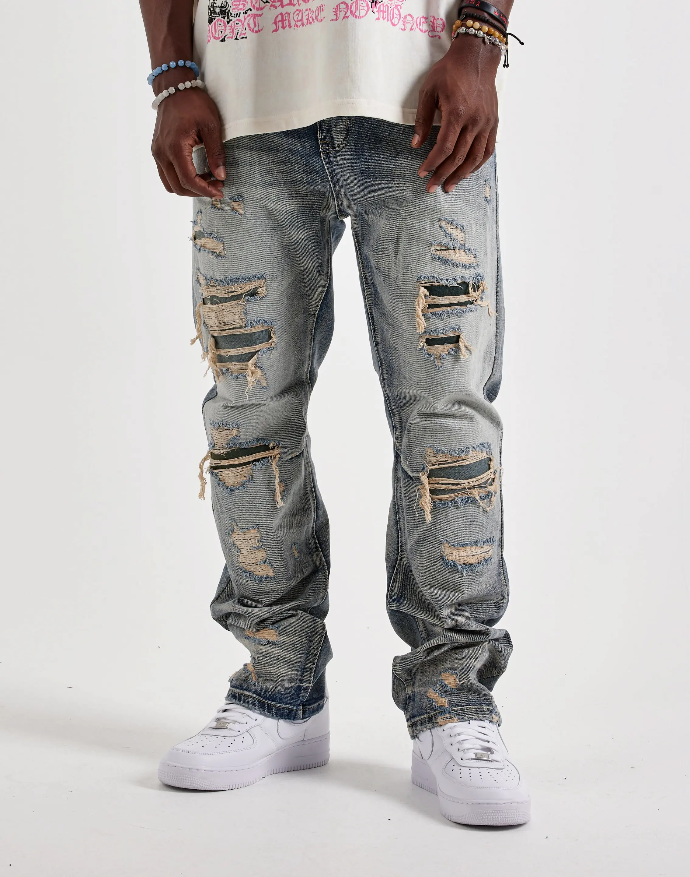 Mens Smoke Rise Rigid Straight Distressed Denim Jeans