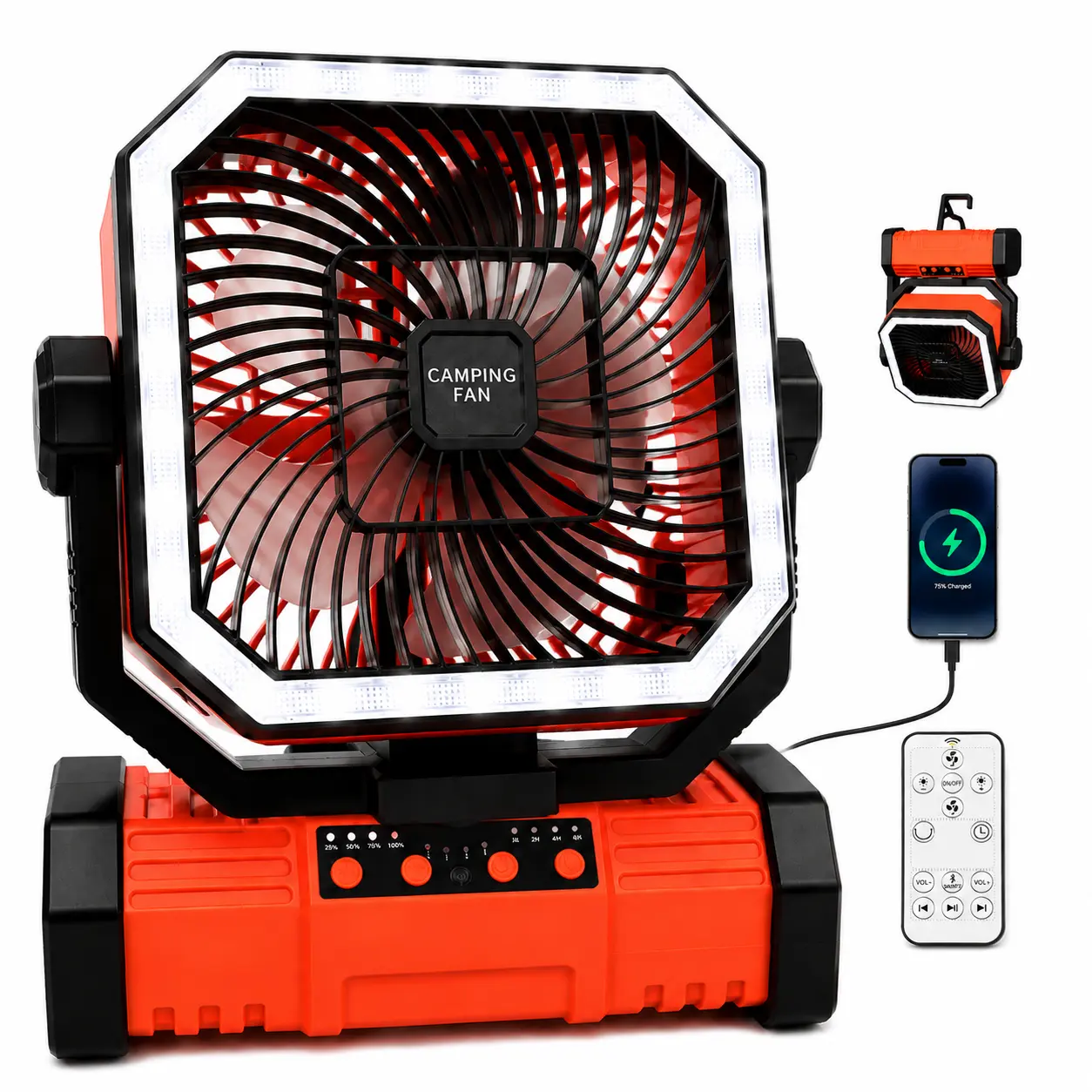 OpenRGB 20000mAh Camping Fan with Bluetooth Speaker, Rechargeable Tent Fan with LED Light, SOS Strobe, 4 Speeds, 360° Rotation, Handle/Hook for Outdoor & Power Outage