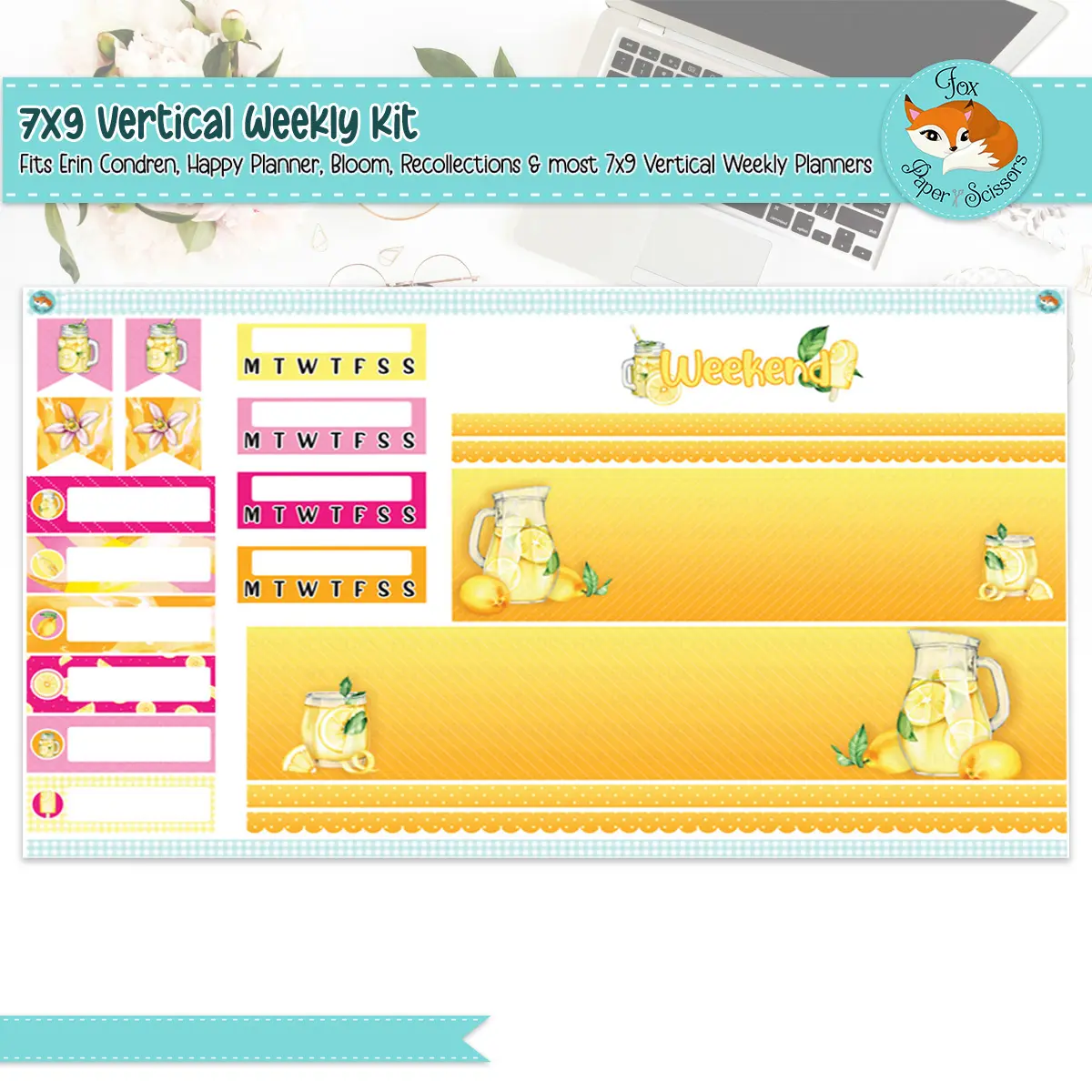 7x9 Weekly Planner Sticker Kit | Erin Condren, Happy Planner, Plum Paper, Bloom, Recollections | 7x9 Vertical Weekly Sticker Kit | Lemonade