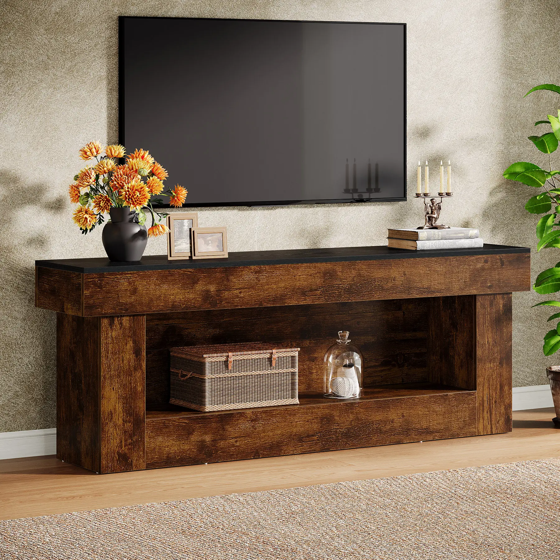 Tribesigns Rustic Brown & Black 63" TV Stand for 60/65/70 Inches TVs, Farmhouse Media Console with Open Storage for Living Room and Bedroom