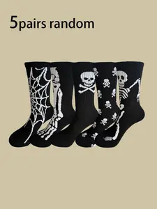 5 Pairs Halloween Skeleton Ghost Claw Socks Set, Funny Cartoon Mid-Calf Socks, Soft Warm Long Socks for Fall Winter, Perfect for Holiday Wear