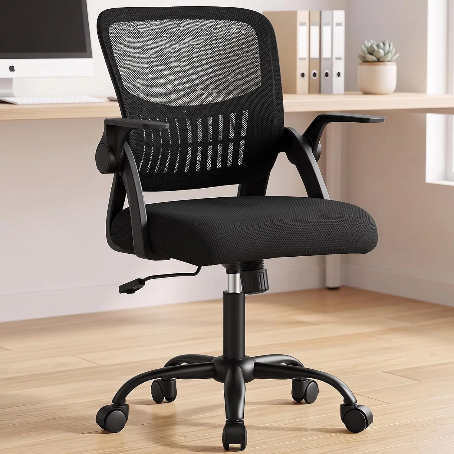 Home Office Desk Chair, Ergonomic Mesh Computer Chair with Lumbar Support & Rocking Function, Height Adjustable Flip-Up Armrest, 360° Swivel Office Chair for Adult Conference Meeting Room