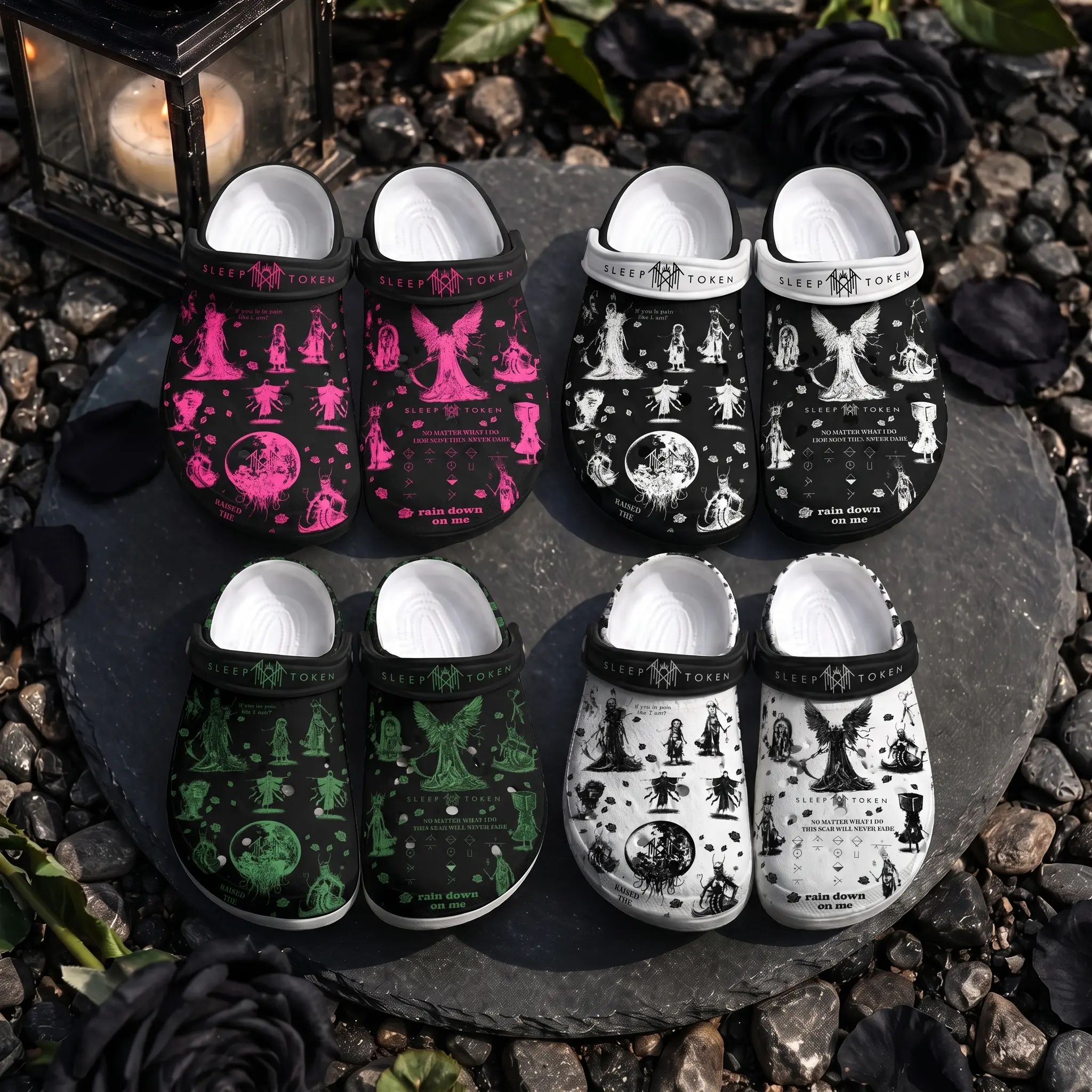 Retro Sleep Token Full Colors Clogs Shoes, Monochrome Fantasy Graphic Clogs, Gothic Occult Casual Footwear, Lightweight Comfortable Slip-On Shoes