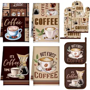 Fourluoo 8 Pcs Coffee Kitchen Towels and Dishcloths Sets Oven Mitts and Pot Holders Sets Absorbent Kitchen Gloves Potholders Heat Resistant for Chef Baking Cooking