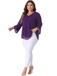 Agnes Orinda Plus Size Shirt for Women 3/4 Sleeve Scoop Neck Double Layers Chiffon Blouses Tops