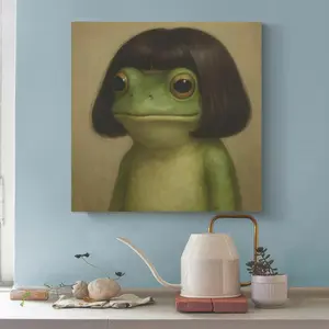 Whimsical Frog with Bob Haircut Canvas Wall Art Surreal Animal Portrait Painting Green Frog Character Print with Frame Ready to Hang High-Quality Canvas