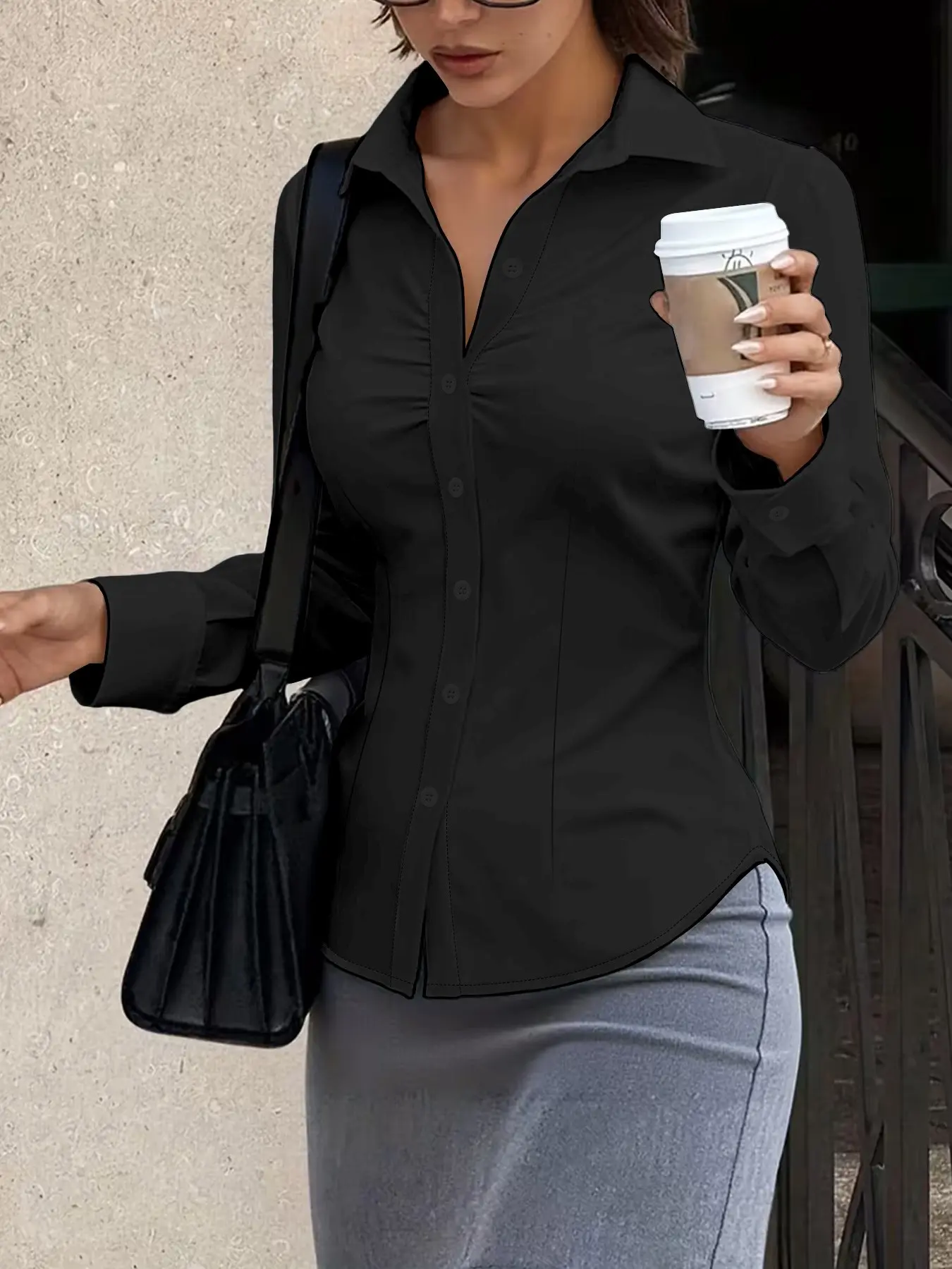 Pure Color Front Pleated Button Design Shirt, Waist Cinching Long Sleeve Collared Office Blouse, Professional Workwear
