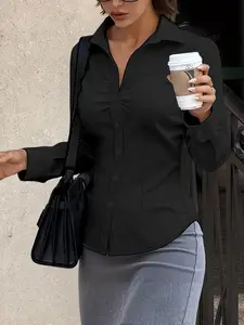Pure Color Front Pleated Button Design Casual Classy Elegant Shirt, Waist Cinching Fitted Long Sleeve Collared Office Blouse, Professional Workwear, Lady Womenswear Top, Casual Classy Fashion