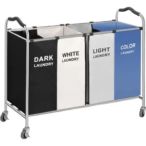 Laundry Basket, Large Laundry Hamper with Wheels, 4 Section Laundry Bag for Dirty Clothes, Towel Organizer & Toys Storage Cart in Laundry Room Organization (4 Section Blue)
