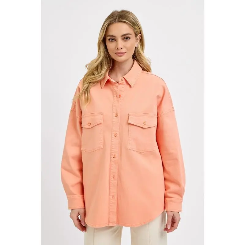 RISEN Full Size Button Down Long Sleeve Denim Shacket with Chest Pockets Plus Size