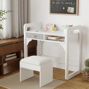 Kids Desk and Chair Set – Wooden Study Table with Cloth Drawers and Pen Holder, Student Writing Desks and Soft Stool