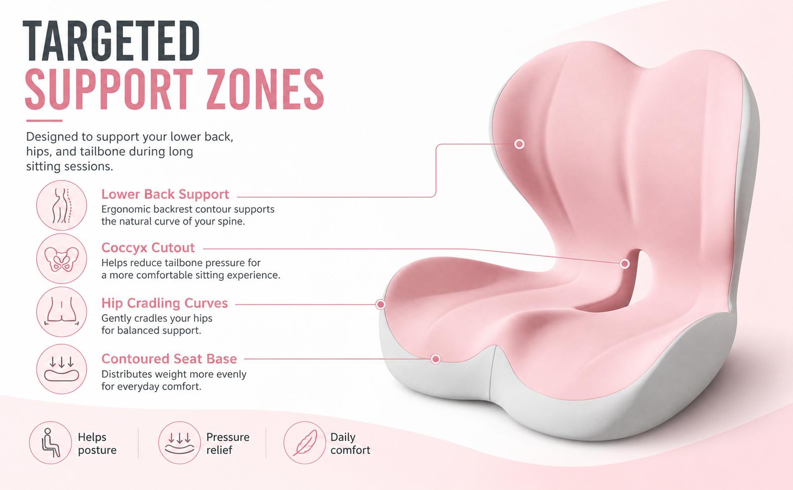 Contoured Ergonomic Memory Foam Seat & Backrest Cushion - Single Unit, Universal Desk & Office Use, Lumbar/Coccyx Tailbone Relief, Hip Comfort for Gamers, Washable Cover, Pink Gray Outdoor Pads