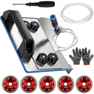 45 Degree Tile Chamfering Tool for 100-Type Angle Grinders, Universal Stand with 5 Diamond Saw Blades, Gloves, 39 Inch Hose, Screwdriver, Adapter Washers