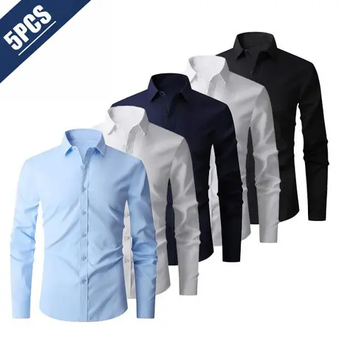 Men's Slim-Fit Solid Long-Sleeve Collared Button-Front Dress Shirt - Wrinkle-Free Cotton-Polyester Fabric, Foldable, Simple, Bold, Tailored Preppy Style, Easy Pairing, Wardrobe Staple for Business, Casual Wear, Simple And Bold