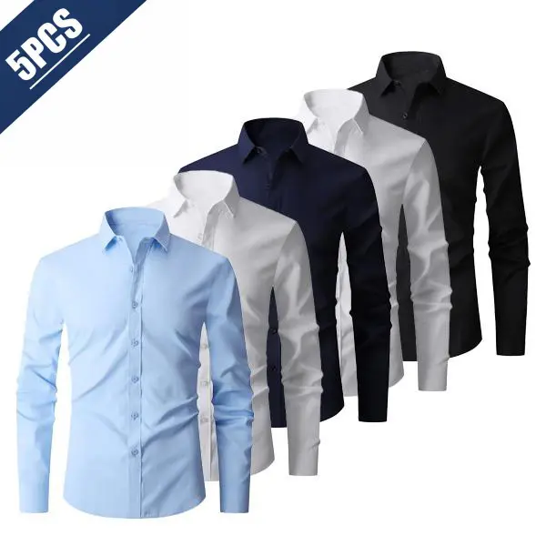 Men's Slim-Fit Solid Long-Sleeve Collared Button-Front Dress Shirt - Wrinkle-Free Cotton-Polyester Fabric, Foldable, Simple, Bold, Tailored Preppy Style, Easy Pairing, Wardrobe Staple for Business, Casual Wear, Simple And Bold