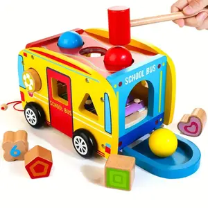 Wooden Pounding Toy, Wooden Play Set with Pound Bench, Xylophone, Shape Sorter Car, Push School Bus, Educational Toys for Toddlers Gift
