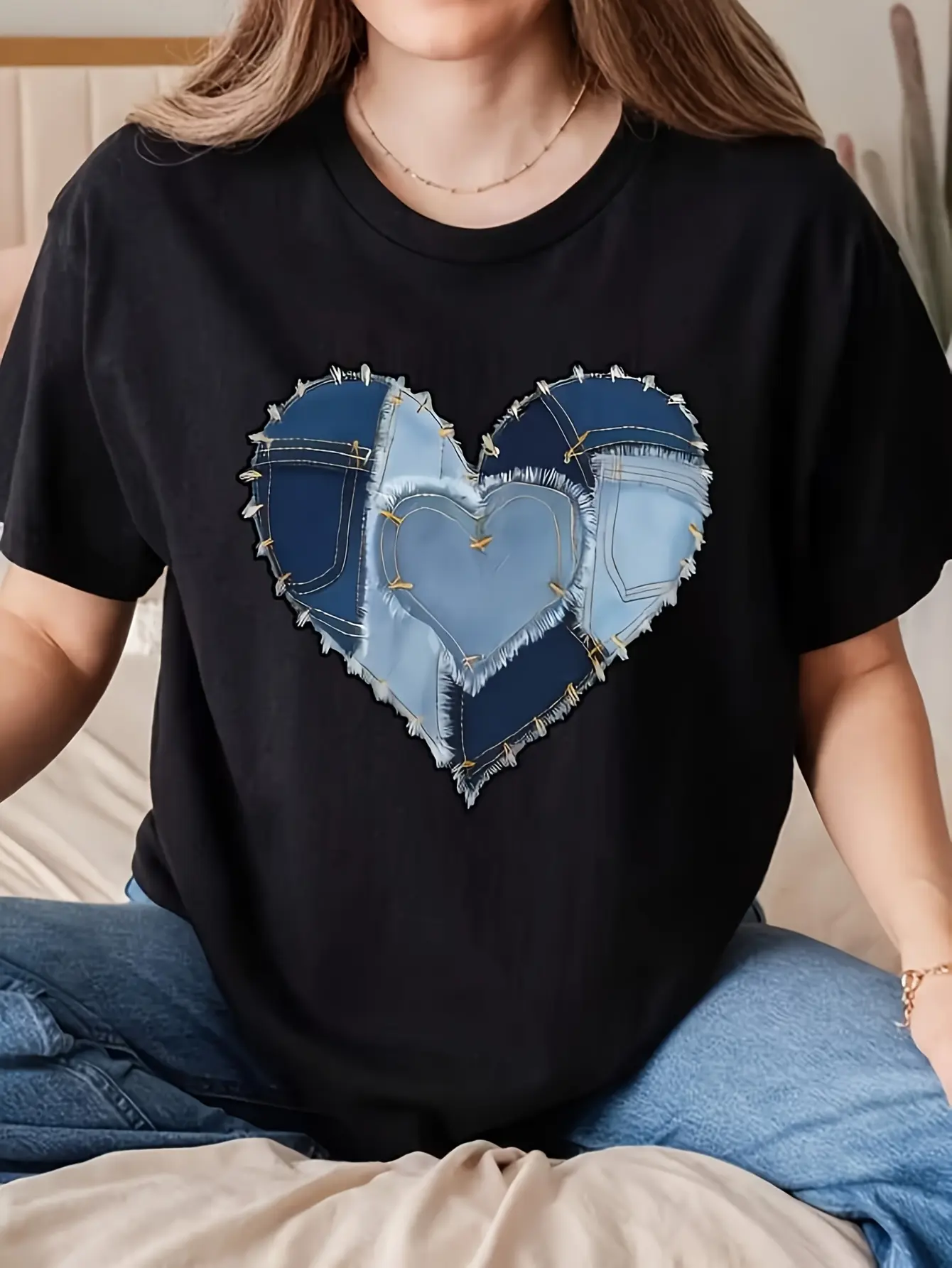 Women's  Unisex Denim Patch T-Shirt - Soft Breatha