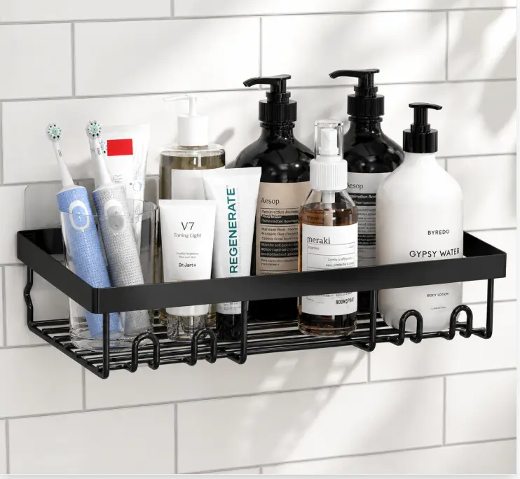 Self-Adhesive Shower Caddy Shelf Organizer, Black Wall Mounted Bathroom Storage Basket for Shampoo, Soap & Toiletries