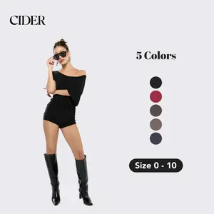 Cider CDR Asymmetrical Neck Ruched Top & Mid Rise Micro Shorts Set, Lady Mid Size Set for Casualoutfits & Streetwear