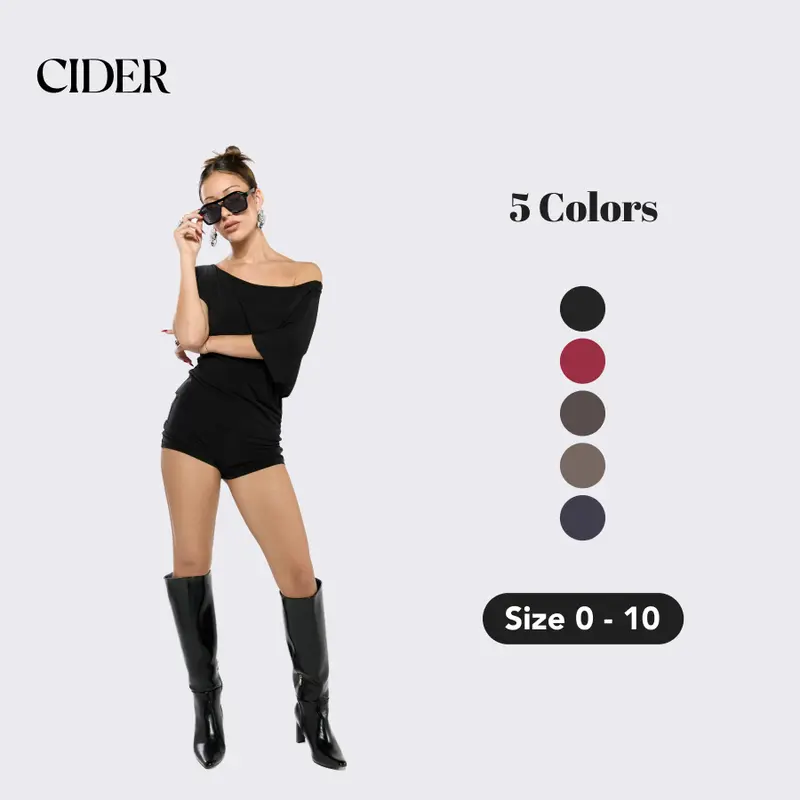 Cider CDR Asymmetrical Neck Ruched Top & Mid Rise Micro Shorts Set, Lady Mid Size Set for Casualoutfits & Streetwear, Basic, Clothes, Matching Clothing Set