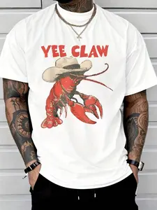 Funny Yee Claw Lobster Men's T-Shirt, Denim Style Lobster Print Top, Humorous Summer Casual Short Sleeve, Loose-Fitting Long Tee