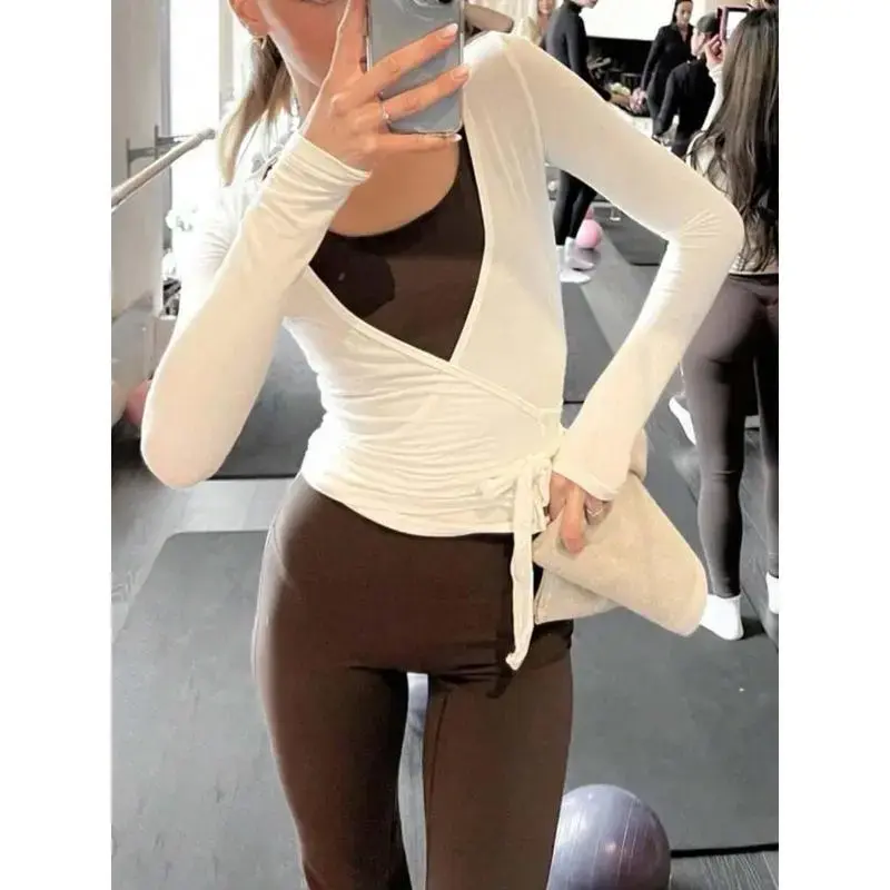 CrossWrapTieTopsDeepVNeckBandageSurpliceWrapCropTopSolidColorCasualSlimFitT-ShirtsFitnessGymYogaAthleticBlousesTopsSportswearDanceBalletDancewear Womenswear Basic Long Sleeve Minimalist