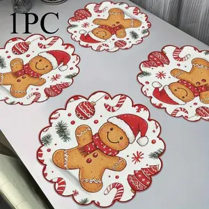 Festive Gingerbread Round Placemat, Non-Slip Heat Resistant Polyester, Holiday Design, Perfect for Restaurant and Party Decor, 15.0 Inches