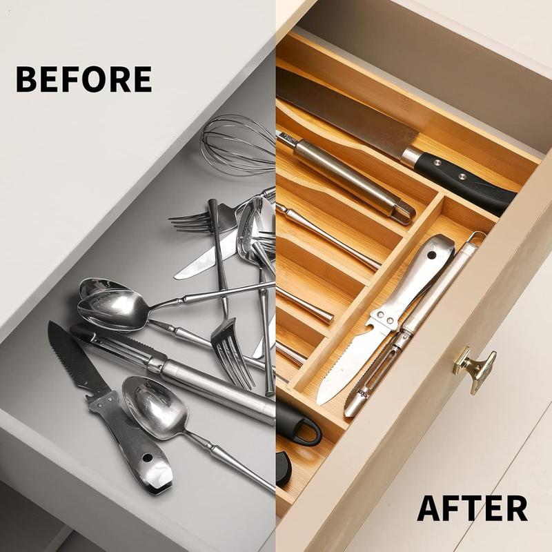 [New Deal] Bamboo Expandable Kitchen Drawer Organizer for Cutlery and Utensils, Adjustable Bamboo Wood Tray for Flatware and Silverware in Kitchen