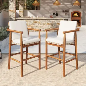 Set of 2 Acacia Wood Bar Stools 400LBS Weight Capacity High-Strength Webbing Seat Removable Zipper Cushion Open Backrest High Armrest Adjustable Feet Weather Resistant Frame Easy Assembly Indoor Outdoor Counter Height Chairs