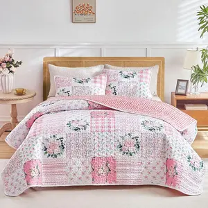 2 count Floral Patchwork Quilt Set , Pink n White  Design, Soft n Cozy Microfiber Quilt, Bedspread Bed Cover for All Season, 1 Quilt and 1 Pillow Sham- 68x86 inches