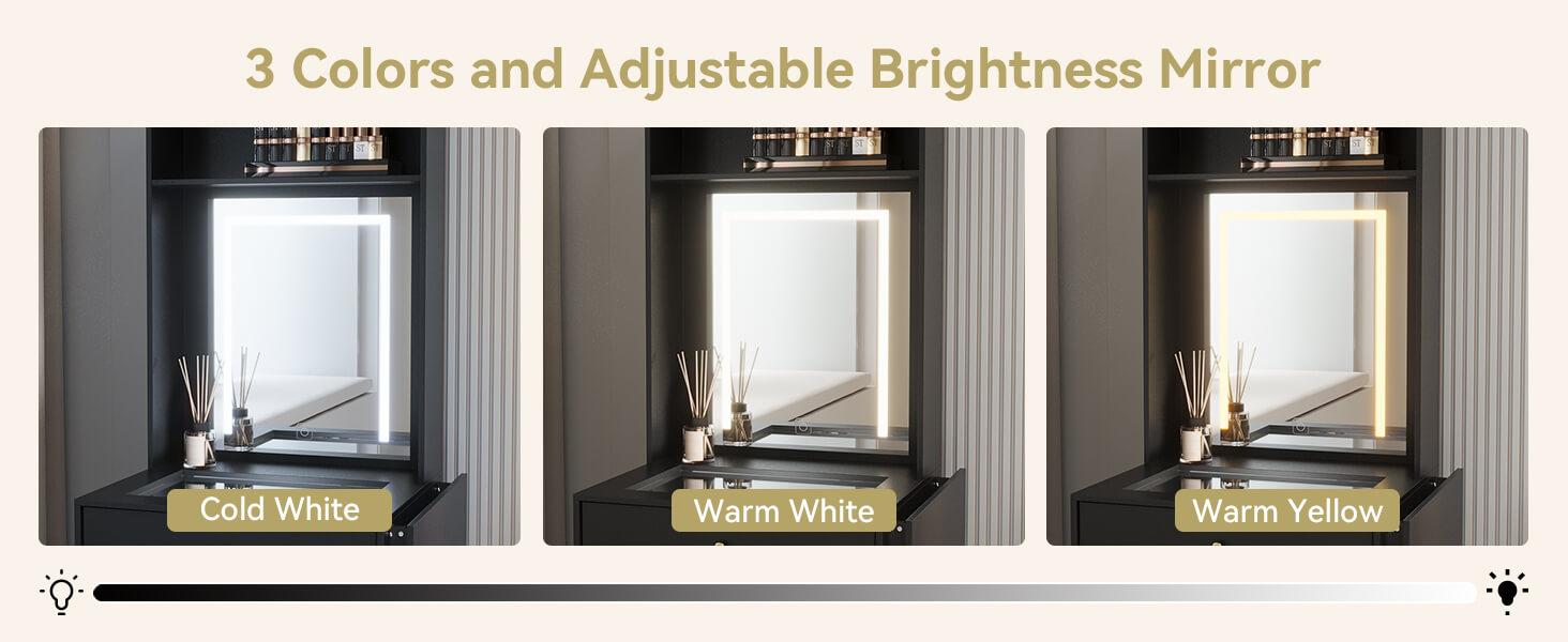 Small Vanity Desk Set with 3 Adjustable Lighted Mirror and Storage Chair IF018,  MDF panels