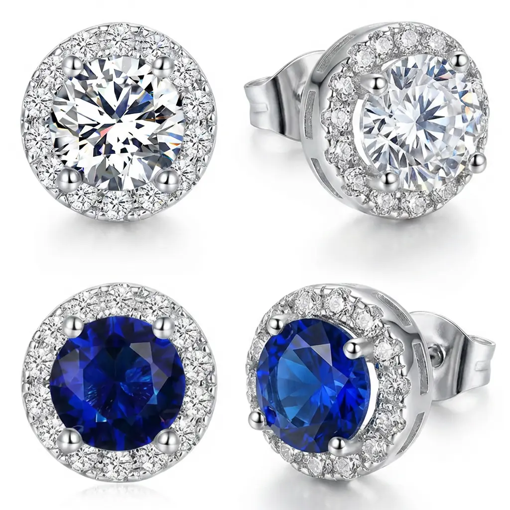 Women's 2-Pair Halo Stud Earrings, Classic Round 5A+ Cubic Zirconia Sparkle, Hypoallergenic Silver-Plated Jewelry for Daily Wear & Gifting (Wedding, Birthday), Ideal for Feminine Outfits