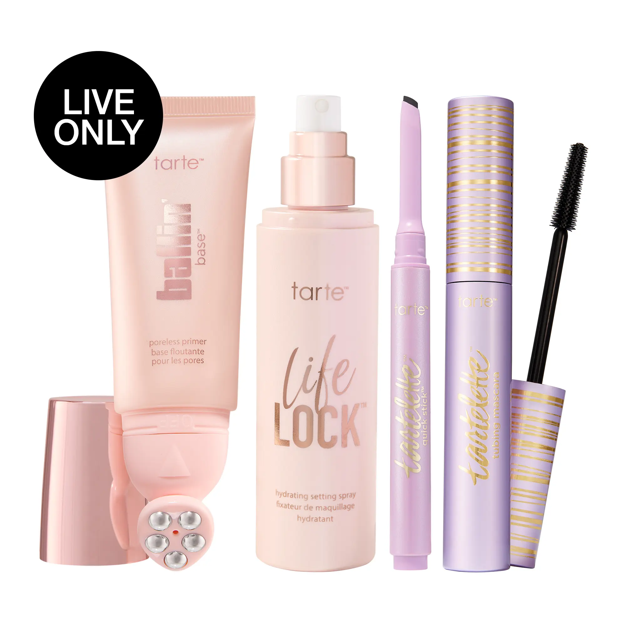 [LIVE EXCLUSIVE] tarte prep & lift 4pc set – tartelette tubing mascara + quick stick + life lock hydrating setting spray +ballin base smoothing primer