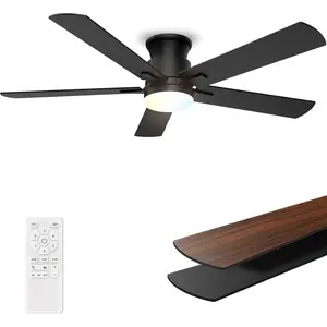 Ceiling Fans with Lights 52 Inch, Flush Mount, Remote Control, 3CCT Dimmable, 6 Speeds, Quiet Reversible DC , Low Profile Hugger Black Ceiling Fan for Bedroom, Living Room, Indoor/Outdoor, ETL