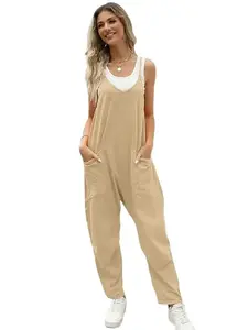 Trendy Queen Womens Jumpsuits Casual Summer Onesie Rompers Sleeveless Loose Baggy Overalls Jumpers with Pockets