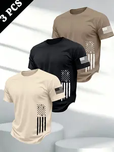 Men's 3-Pack Summer Flag Print Round Neck Short Sleeve T-Shirts, Casual Soft Comfortable Top, Ideal for Outdoor Daily Wear, Perfect Gift for Men